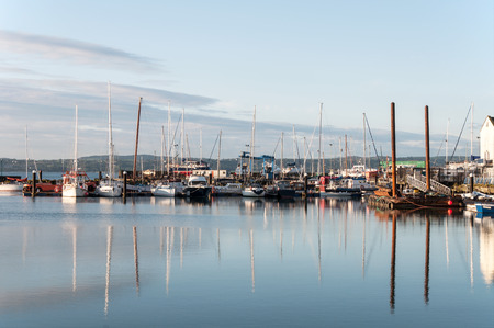 Boats and small yachts moored at marina in Carrickfergus, Northern Ireland, at sunriseの写真素材