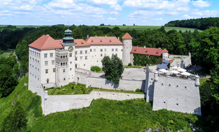 Historic castle Pieskowa Skala near Krakow in Poland. Aerial view.のeditorial素材