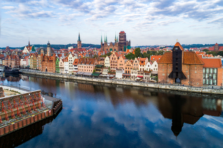 Gdansk old city in Poland with the oldest medieval port crane (Zuraw) in Europe, St Mary church,...