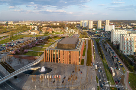 Katowice aerial skyline with a central  urban highway (Drogowa Trasa Srednicowa), blocks of flats, NOSPR concert hall, old mining infrastructure, Silesian museum, bridges, parking, lawns and carsのeditorial素材