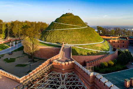 Kosciuszko Mound (Kopiec KoÅciuszki). Krakow landmark, Poland. Erected in 1823 to commemorate Tadedeusz Kosciuszko. Surrounded by a citadel, erected by Austrian Administration about 1850. Aerial viewのeditorial素材