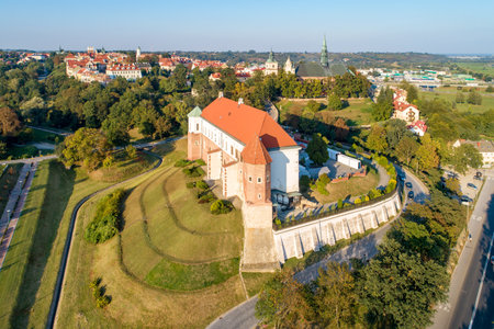 Sandomierz, Poland. Medieval castle in front, old town with town hall tower and gothic cathedral in...