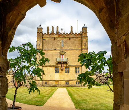 Bolsover castle in Derbyshire, England, UK. Partly ruined. Built in 17th century on the remnants of the 12th century medieval castle. Popular tourist attraction. The keep viewed through the stone gateのeditorial素材