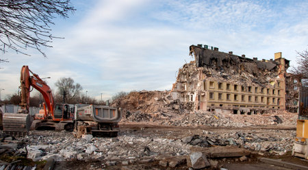KrakÃ³w, Poland - December 17, 2019: Demolition of an old office building, called Elbud in a...