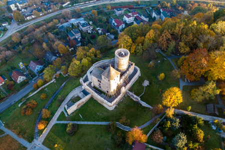 Medieval gothic castle in Bedzin, Upper Silesia, Poland. Aerial view from above in fall in sunrise lightのeditorial素材
