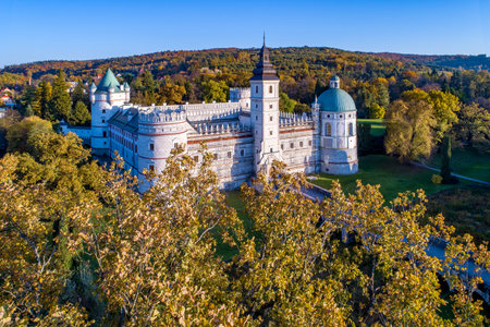 Renaissance castle and park in Krasiczyn near Przemysl , Poland. Aerial view in fall in sunset lightのeditorial素材
