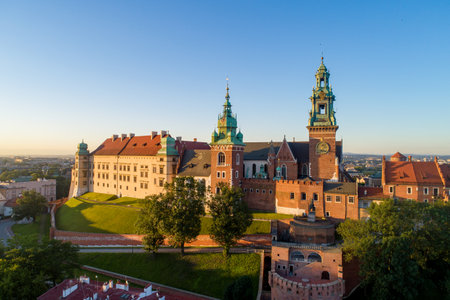 Historic royal Wawel cathedral and castle and in Cracow, Poland.  Aerial view in sunrise light early in the morning in summerのeditorial素材