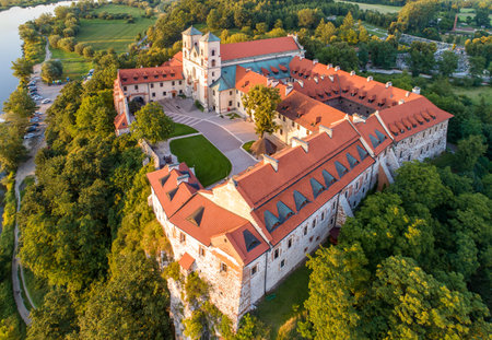 Benedictine abbey, monastery and Saint Peter and Paul church in Tyniec near Krakow, Poland. Aerial view at sunsetのeditorial素材