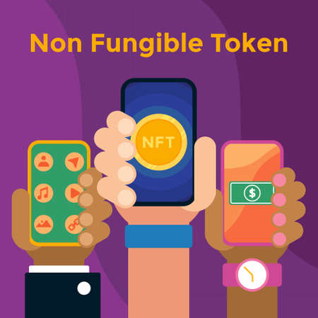 Illustration vector graphic of Non Fungible Token, Smartphones, and Hands in The Transactions....