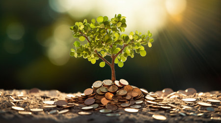 Financial Growth in Nature. Tree Thrives on a Bed of Coins. Ideal for Investment Conceptsの素材