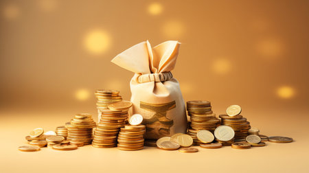 A Pile of Money, Coins, Gold Bars, and A Money Bag on Minimalist Background, Symbolizing Prosperityの素材