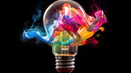 Vibrant explosion. Bursting light bulb creates a colorful masterpiece. Perfect for creative conceptsの素材