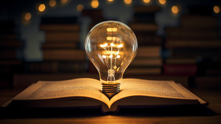 Book gives Ideas. Light bulb on an open book symbolizes inspiration. Ideal for creative conceptsの素材