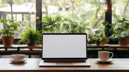 Modern laptop with blank white screen on the tableの素材