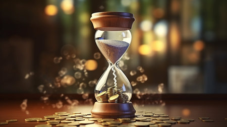 Time is Money. Hourglass and coins symbolize the value of every moment in businessの素材