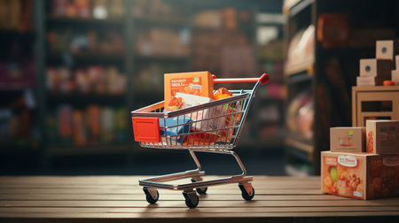 Online Shopping Concept. Miniature shopping cart on a laptop, a concept of convenienceの素材