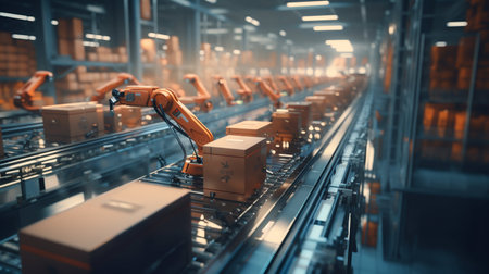 AI Enhanced Warehouse Efficiency. Modern tech at work on the conveyor beltの素材