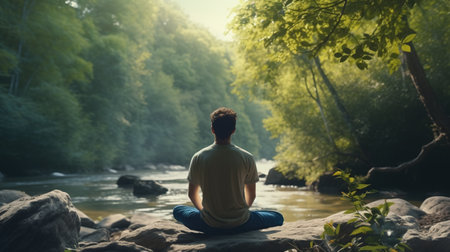 Man Practicing Mindfulness and Meditation in A Peaceful Natural Environmentの素材