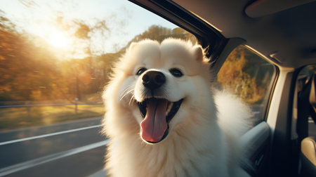 Happy Dog Having Fun with Head Out of the Car Windowの素材