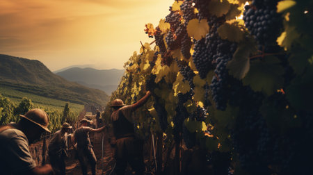 Workers Harvesting Grapes, Ready to Craft the Essence of Delicious Wineの素材