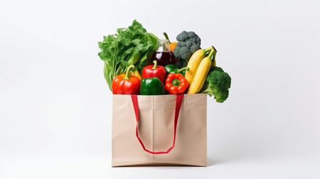 Paper Bag Filled by Vegetables and Fruits Isolated on the White Backgroundの素材