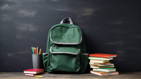 Chalkboard Background with School Backpack and Books, Copy Spaceの素材