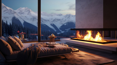 Fireplace Inside A Luxury Chalet in Winter with A View of the Mountain and the Snowの素材