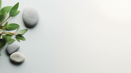 Pebble Rocks and Sage Twig Isolated on Minimalist Background Copy Space Presentation Backgroundの素材