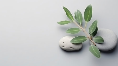 Pebble Rocks and Sage Twig Isolated on Minimalist Background Copy Space Presentation Backgroundの素材