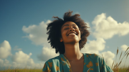 Calm Happy Smiling Black Woman with Closed Eyes on the Fields. Free, Peace, Beautiful Moment Conceptの素材