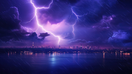 Lightning Storm with Thunder over A City. Extreme Weather Conceptの素材