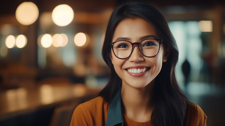 Young Adult Confident Attractive Southeast Asian Woman, Beautiful Lady Wearing Glasses, Close Upの素材