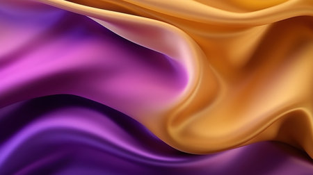 Abstract Background with 3D Wave Bright Silk Fabric. Gradient Combination Purple and Gold Colorsの素材