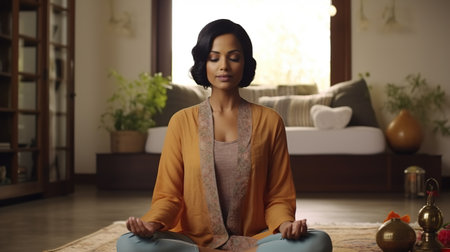 Middle Aged Indian Woman Meditating at Home. Relaxing, Mindful, Mental Health, Meditationの素材