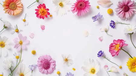 Colorful Flower Frame on White Background. Women Day, Mother Day, Decoration, Greeting, Cardの素材
