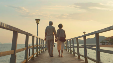 Senior Couple Walk at Beach. Bridge, Romance, Romantic, Love, Adult, Affection, Leisure, Sea, Oldの素材