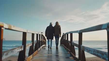 Senior Couple Walk at Beach. Bridge, Romance, Romantic, Love, Adult, Affection, Leisure, Sea, Oldの素材
