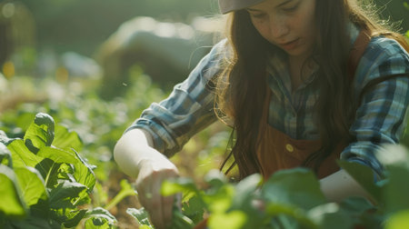 Woman Harvesting Fresh Vegetables on Farm. Crop, Vegetable, Harvest, Agribusiness, Agricultureの素材