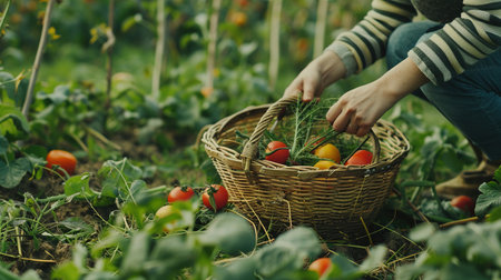 Woman Harvesting Fresh Vegetables on Farm. Crop, Vegetable, Harvest, Agribusiness, Agricultureの素材