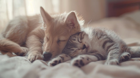 Puppy and Kitten Lying Together. Love, Adorable, Cute, Animal, Friendship, Care, Cat, Dog, Hug, Petの素材