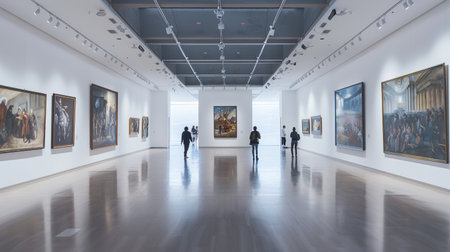 Art Gallery with Beautiful Paintings. White, Minimalist, Paint, Exhibit, Artwork, Show, Interiorの素材