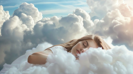 Woman Sleeping on Cloud. Sleep, Dream, Bed, Calm, Peace, Female, Lady, Relaxation, Sleepy, Skyの素材