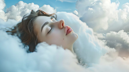 Woman Sleeping on Cloud. Sleep, Dream, Bed, Calm, Peace, Female, Lady, Relaxation, Sleepy, Skyの素材