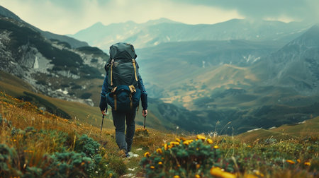Hiker Walking through Mountain. Hike, Hiking, Person, Sport, Journey, Adventure, Path, Process, Goal, Climb, Target, Explore, Exploring, Track, Male, Manの素材