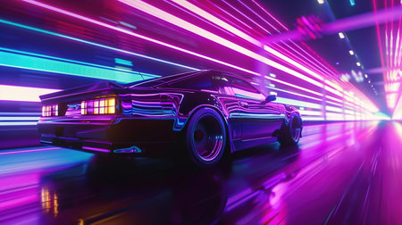 Car Driving at Night. Futuristic, Purple, Neon, Drive, Car, Race, Motion, Synth, Drift, Music, Automobile, Auto, Style, Fastの素材