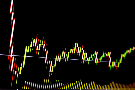 Stock exchange trade chart bar candles macro close-up. Shallow depth of field effect. Screen shows...