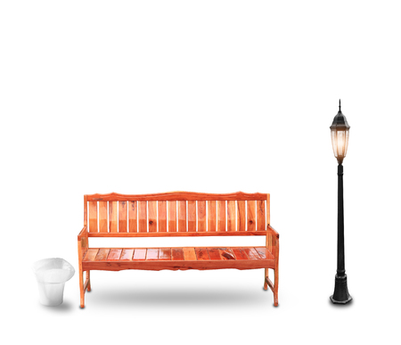 Bench with Street Lamp and bin isolated on white backgroundの写真素材