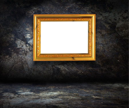 blank golden frame on grunge dark wall background, 3d render
