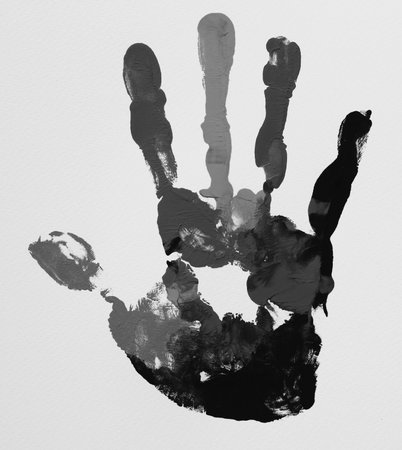 Handprint of a child on a white background. Monochromeの写真素材