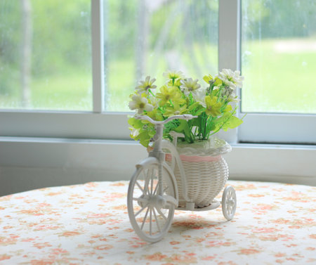 Vintage bicycle with flowers on the table in front of the window